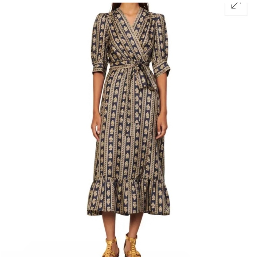 Sandro 100% Silk Blue and Cream Wrap Dress size Medium